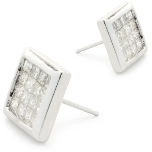14 Karat White Gold Invisible Set Diamond Stud Earrings