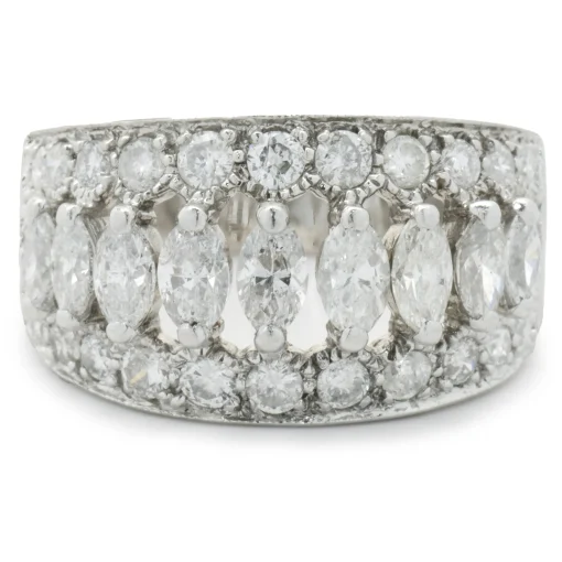 14 Karat White Gold Marquise Cut Three Row Diamond Cigar Band
