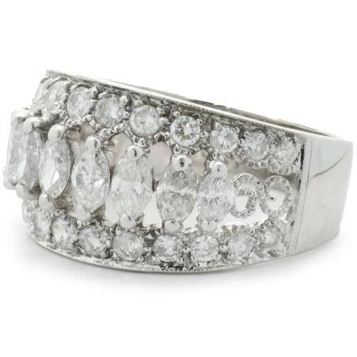 14 Karat White Gold Marquise Cut Three Row Diamond Cigar Band