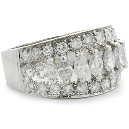 14 Karat White Gold Marquise Cut Three Row Diamond Cigar Band