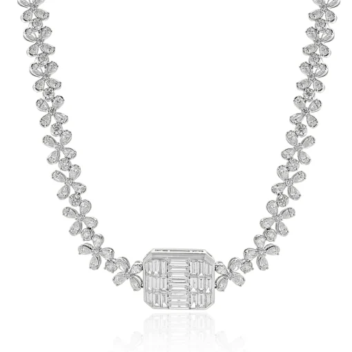 18 Karat White Gold Multi Shape Diamond Floral Necklace with Mosaic Centerpiece