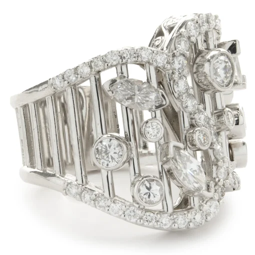 14 Karat White Gold Multi Shape Diamond Open Bar Ring