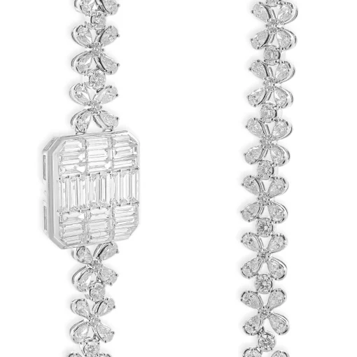 18 Karat White Gold Multi Shape Diamond Floral Necklace with Mosaic Centerpiece