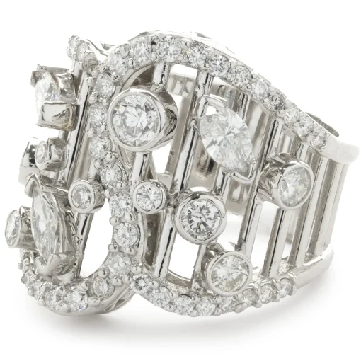 14 Karat White Gold Multi Shape Diamond Open Bar Ring