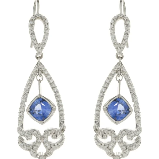 14 Karat White Gold NO HEAT Sapphire and Diamond Drop Earrings