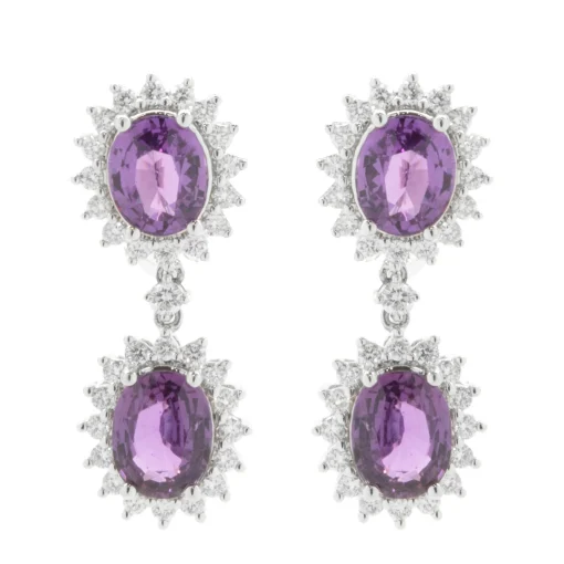 18 Karat White Gold No Heat Purple Sapphire and Diamond Halo Drop Earrings