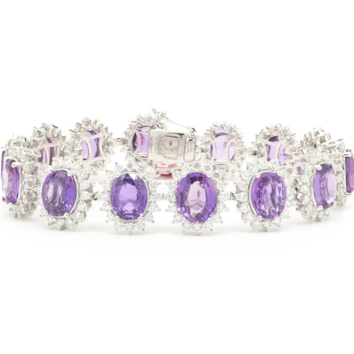 18 Karat White Gold No Heat Purple Sapphire and Diamond Halo Inline Bracelet