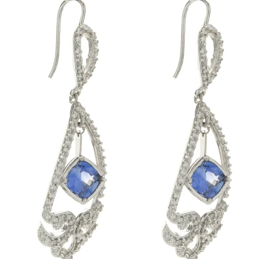 14 Karat White Gold NO HEAT Sapphire and Diamond Drop Earrings