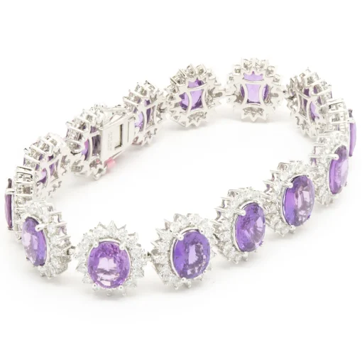 18 Karat White Gold No Heat Purple Sapphire and Diamond Halo Inline Bracelet