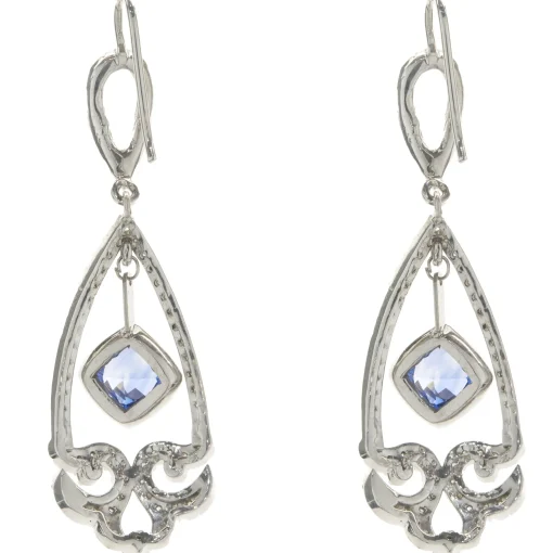 14 Karat White Gold NO HEAT Sapphire and Diamond Drop Earrings