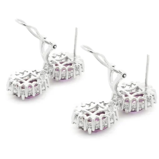 18 Karat White Gold No Heat Purple Sapphire and Diamond Halo Drop Earrings