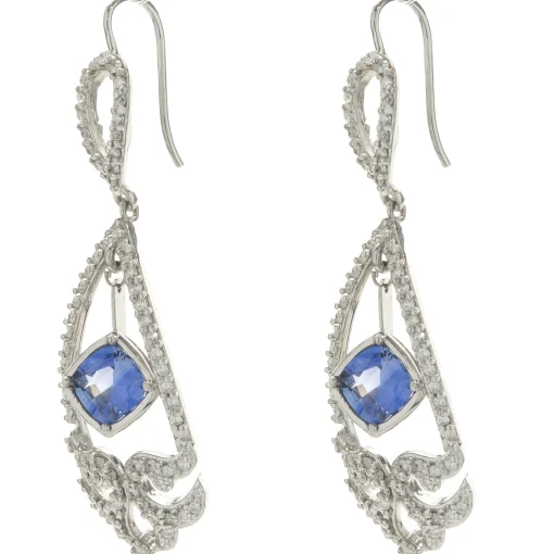 14 Karat White Gold NO HEAT Sapphire and Diamond Drop Earrings