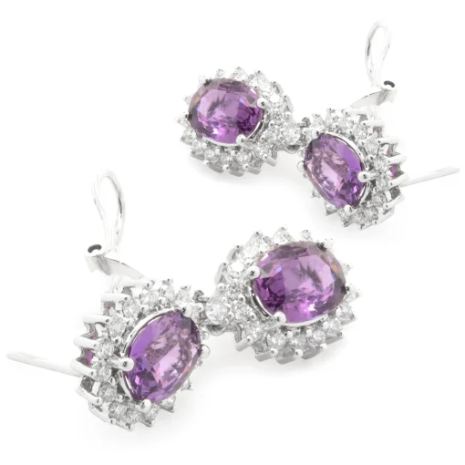18 Karat White Gold No Heat Purple Sapphire and Diamond Halo Drop Earrings