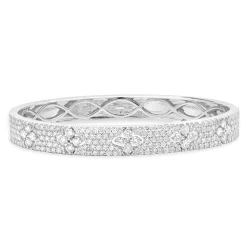 18 Karat White Gold Pave Diamond Bangle Bracelet with Floral Cut Out Stations