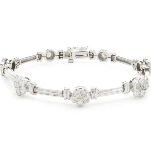 14 Karat White Gold Pave Diamond Flower Station Bracelet