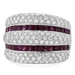 14 Karat White Gold Pave Diamond and Ruby Five Row Cigar Band