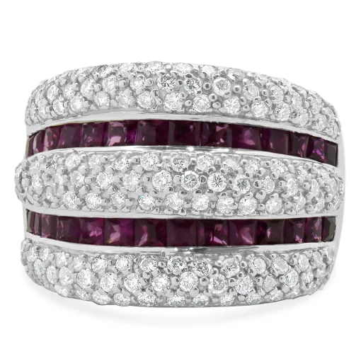 14 Karat White Gold Pave Diamond and Ruby Five Row Cigar Band