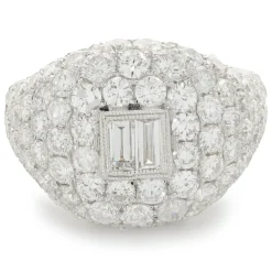 18 Karat White Gold Pave Diamond Signet Ring with Baguette Diamond Center