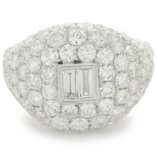 18 Karat White Gold Pave Diamond Signet Ring with Baguette Diamond Center