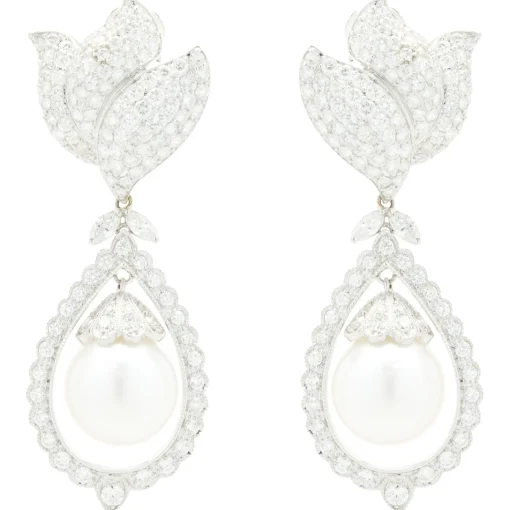 18 Karat White Gold Pave Diamond and South Sea Pearl Drop Earrings