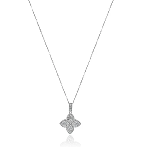 14 Karat White Gold Pave Diamond Quatrefoil Necklace
