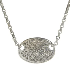 18 Karat White Gold Pave Diamond Oval Disc Necklace