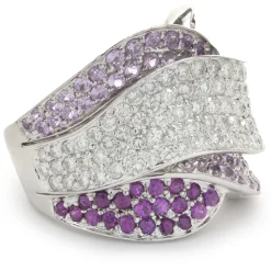18 Karat White Gold Pave Diamond, Ruby, and Pink Sapphire Wave Ring