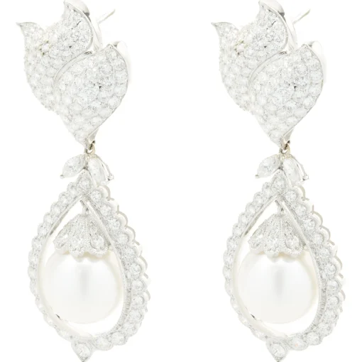 18 Karat White Gold Pave Diamond and South Sea Pearl Drop Earrings