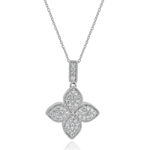 14 Karat White Gold Pave Diamond Quatrefoil Necklace