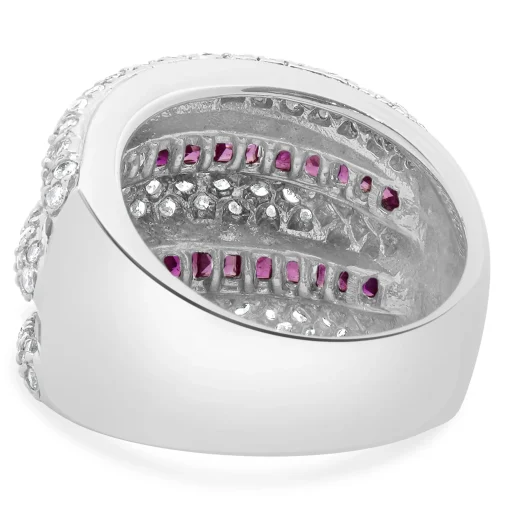 14 Karat White Gold Pave Diamond and Ruby Five Row Cigar Band
