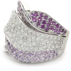 18 Karat White Gold Pave Diamond, Ruby, and Pink Sapphire Wave Ring