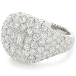 18 Karat White Gold Pave Diamond Signet Ring with Baguette Diamond Center