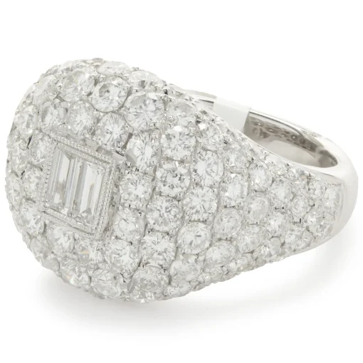 18 Karat White Gold Pave Diamond Signet Ring with Baguette Diamond Center