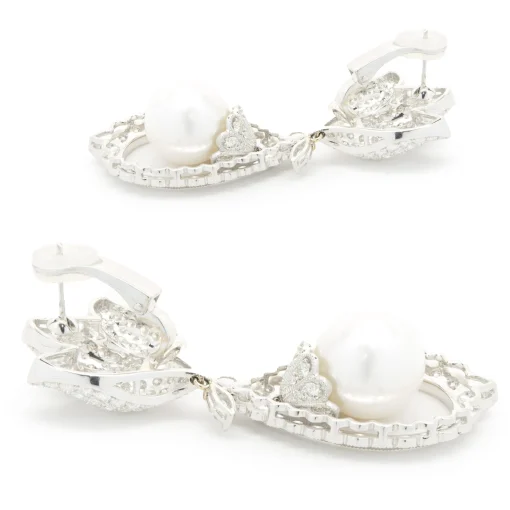 18 Karat White Gold Pave Diamond and South Sea Pearl Drop Earrings