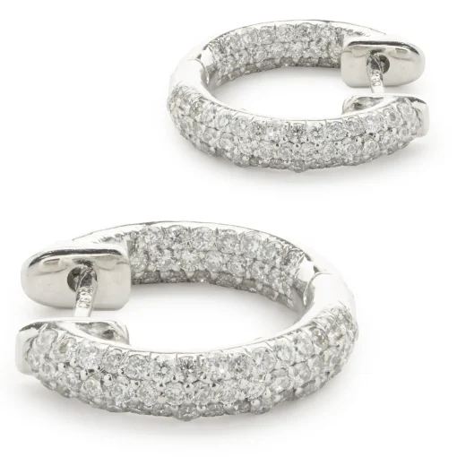 14 Karat White Gold Pave Diamond Inside Outside Huggie Hoop Earrings