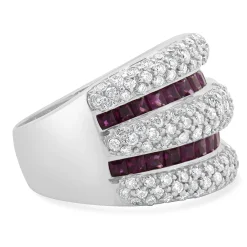 14 Karat White Gold Pave Diamond and Ruby Five Row Cigar Band