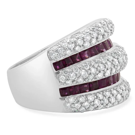 14 Karat White Gold Pave Diamond and Ruby Five Row Cigar Band