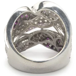 18 Karat White Gold Pave Diamond, Ruby, and Pink Sapphire Wave Ring