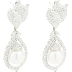18 Karat White Gold Pave Diamond and South Sea Pearl Drop Earrings