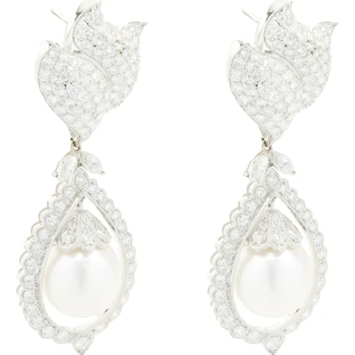 18 Karat White Gold Pave Diamond and South Sea Pearl Drop Earrings
