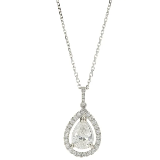 14 Karat White Gold Pear Diamond Halo Necklace