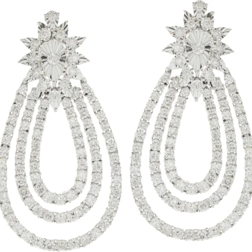 14 Karat White Gold Pear Shape Three Layer Diamond Drop Earrings