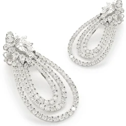 14 Karat White Gold Pear Shape Three Layer Diamond Drop Earrings
