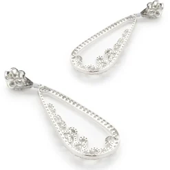 14 Karat White Gold Pear Shape Open Diamond Scroll Drop Earrings