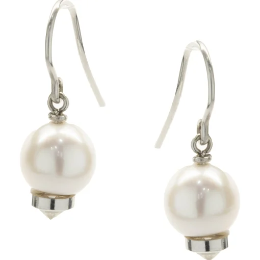 14 Karat White Gold Pearl and Diamond Capped Drop Earrings