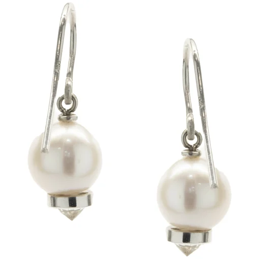 14 Karat White Gold Pearl and Diamond Capped Drop Earrings