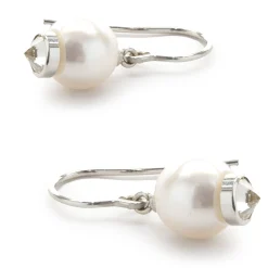 14 Karat White Gold Pearl and Diamond Capped Drop Earrings