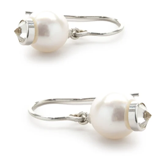 14 Karat White Gold Pearl and Diamond Capped Drop Earrings