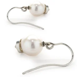 14 Karat White Gold Pearl and Diamond Capped Drop Earrings