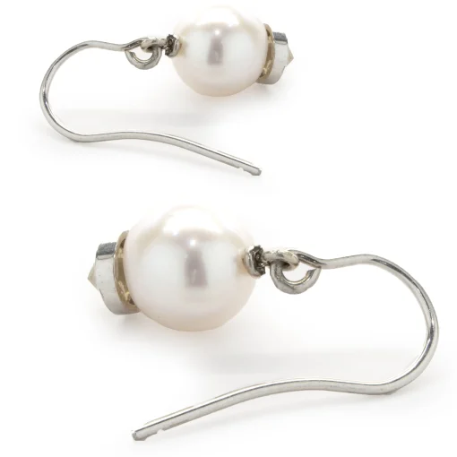 14 Karat White Gold Pearl and Diamond Capped Drop Earrings